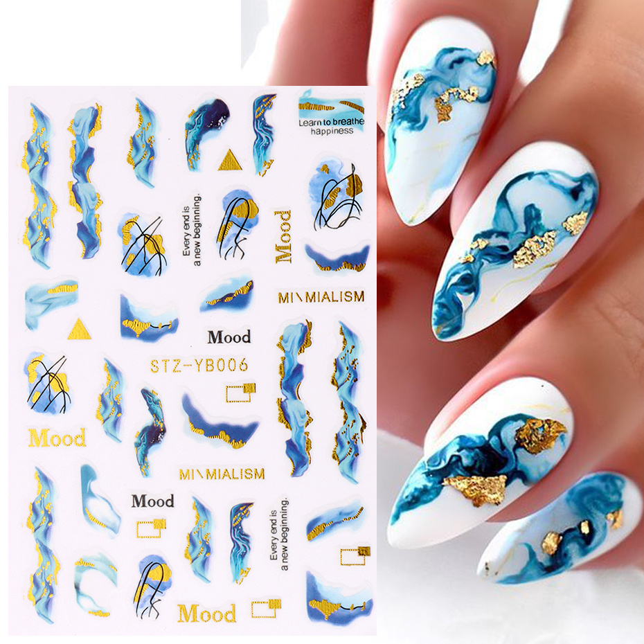 Royal Blue Blooming Smoke Nails Stickers Marble Design - Temu