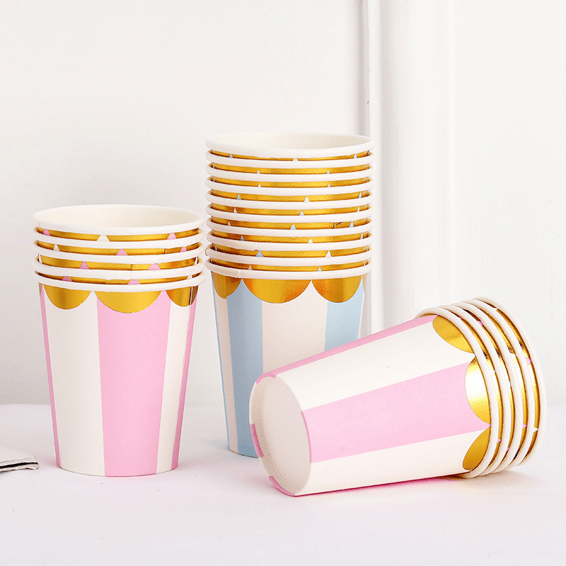 

10pcs Stamping Golden Disposable Cups ,blue And Pink Striped Golden Lace Paper Cups Wedding Babyshower Kids Happy Birthday Party Supplies 250ml