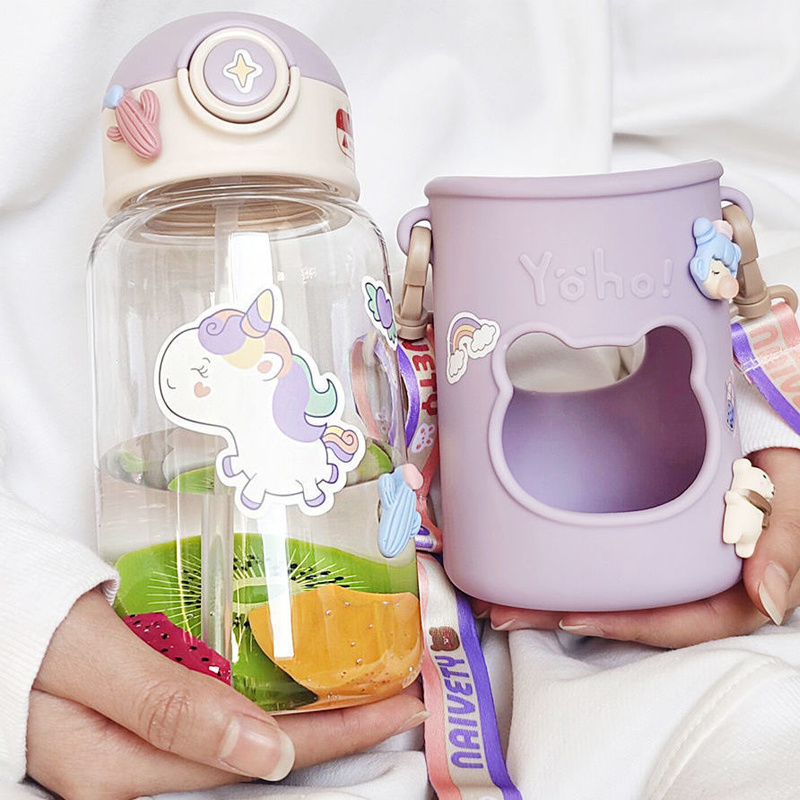 1pc Strap Water Bottle Children Cute Cartoon Crown Straw Cup - Temu