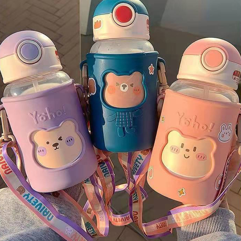 1pc Strap Water Bottle Children Cute Cartoon Crown Straw Cup - Temu