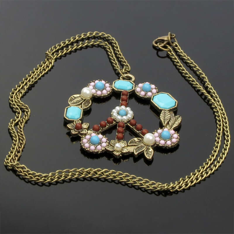 retro inlaid gemstone turquoise pearl flower and peace sign necklace 3