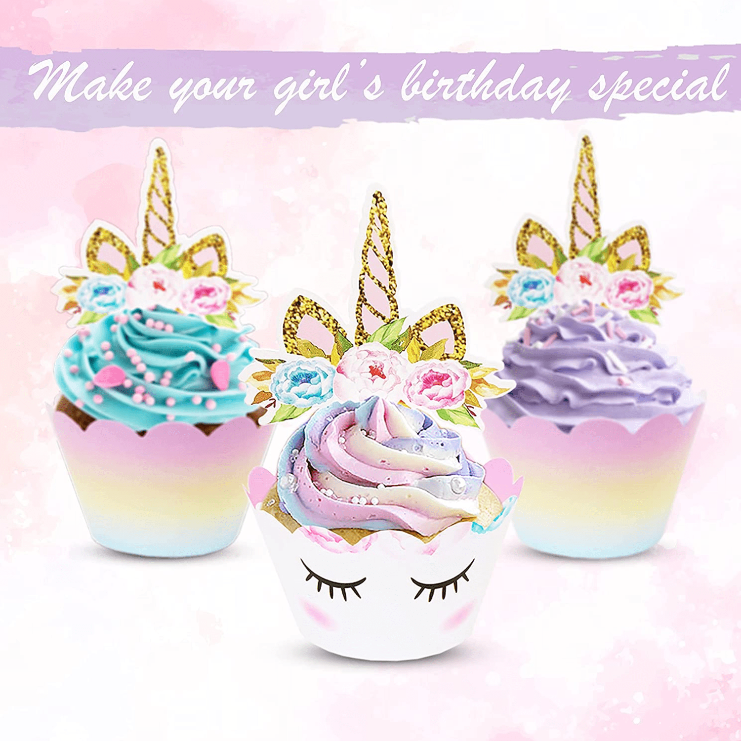 Unicorn Cupcake Toppers Wrappers Decorations Reversible - Temu