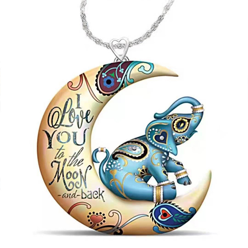 

Colorful Funky Animals Elephant Moon Pendant Necklace Jewelry Accessories Gifts For Men Women