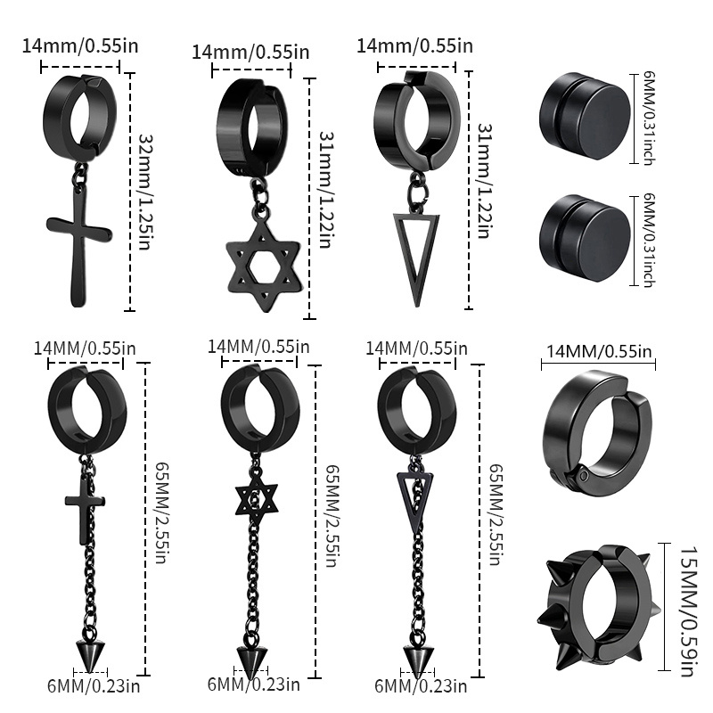 5Pairs Black Stainless Steel Clip on Earrings for Non-Piercing with Rivet Cross Pendant Tassel for Men,Temu