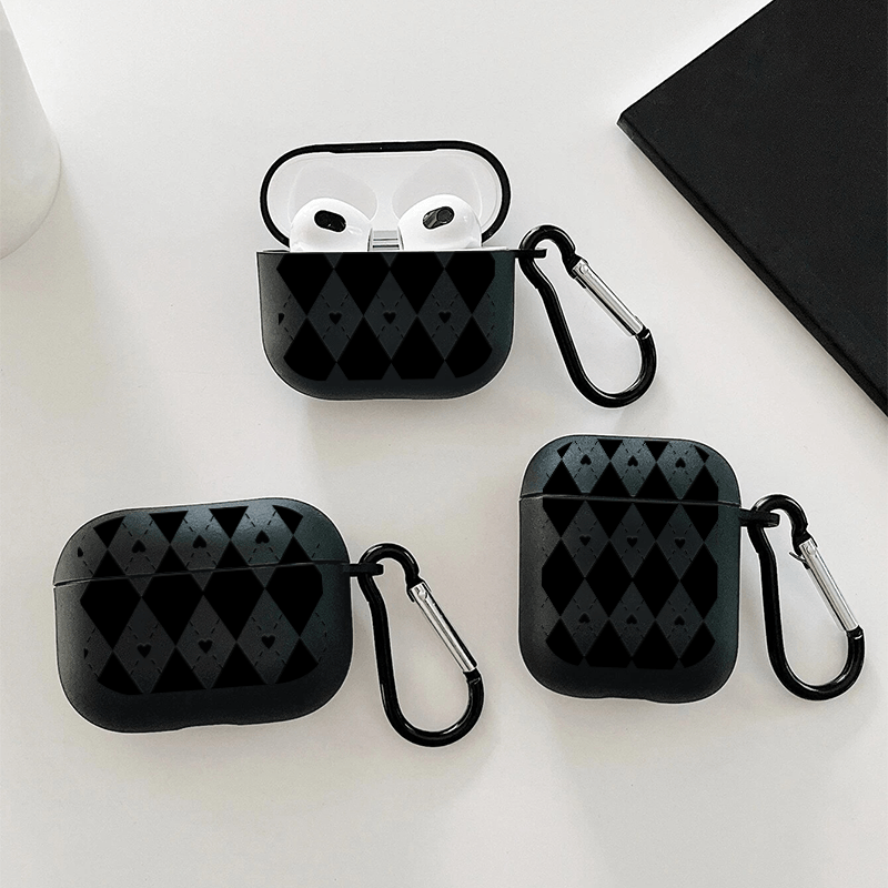 Black Rhombus And Heart Graphic Pattern Headphone Case For