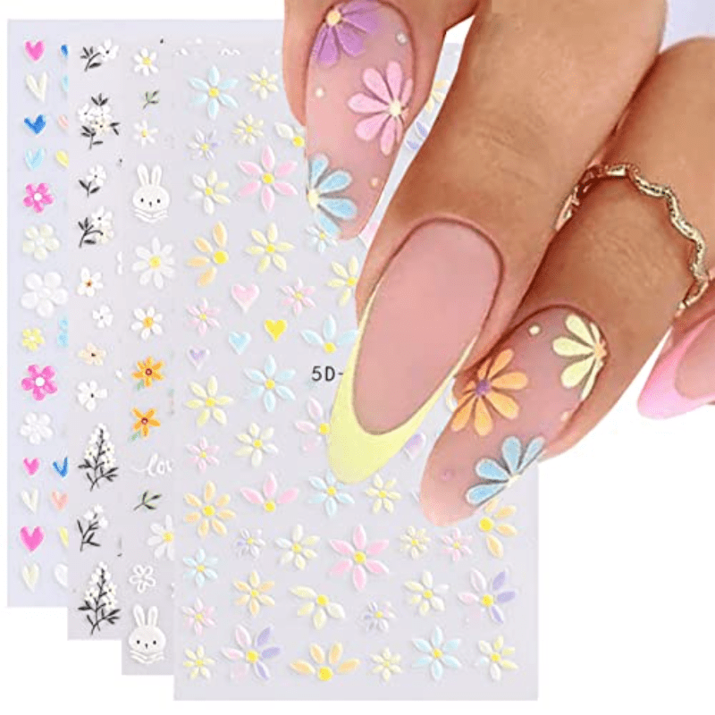 

1 Sheet 5d Flower Nail Art Stickers Daisy Embossed Self Adhesive Nail Art Decals Elegant Florals Slider Spring Summer Design Nail Art Decals Decoration For Women Girl Manicure Decor