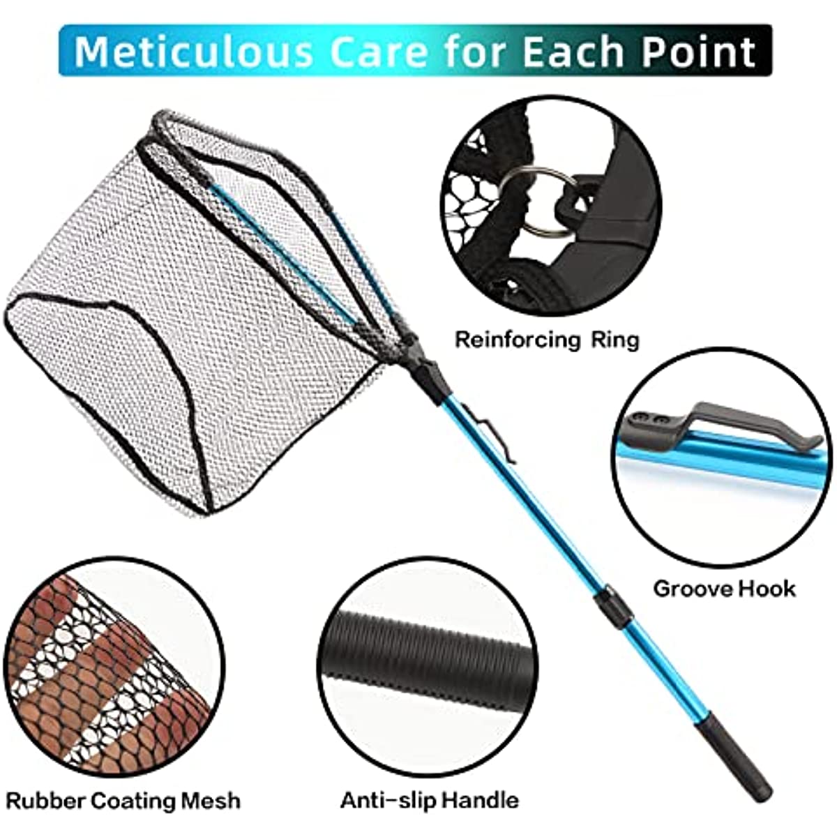 Durable Collapsible Fishing Net - Telescopic Pole Handle, Knot Less Mesh,  Rubber Coating - Safe Catching & Releasing!