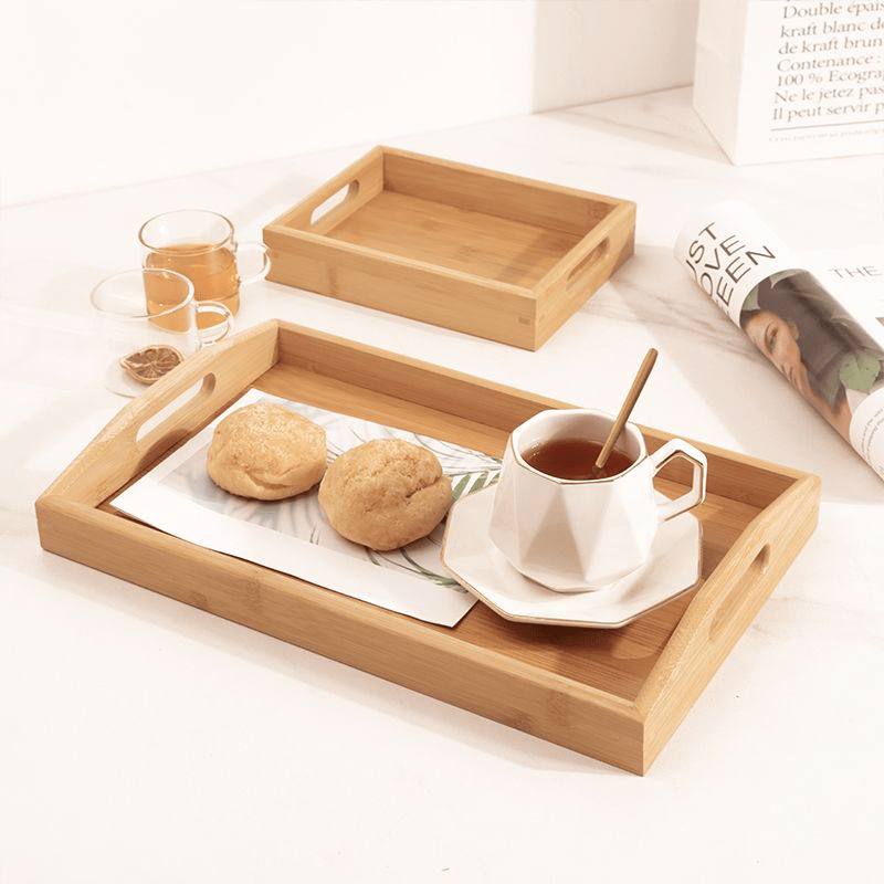 Bandeja de té Rectangular de madera de bambú, bandeja de madera maciza,  bandeja de soporte para