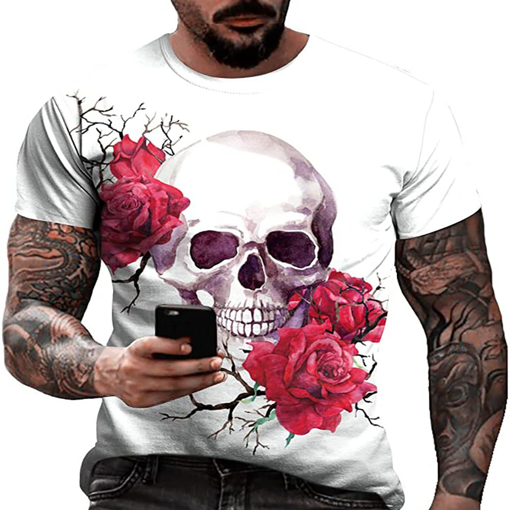 Plus Size Men's Casual 3D Skull Print Short-sleeve Crew Neck T-shirt For Big & Tall Guys, Fashion Sports Slightly Stretch Tees For Summer