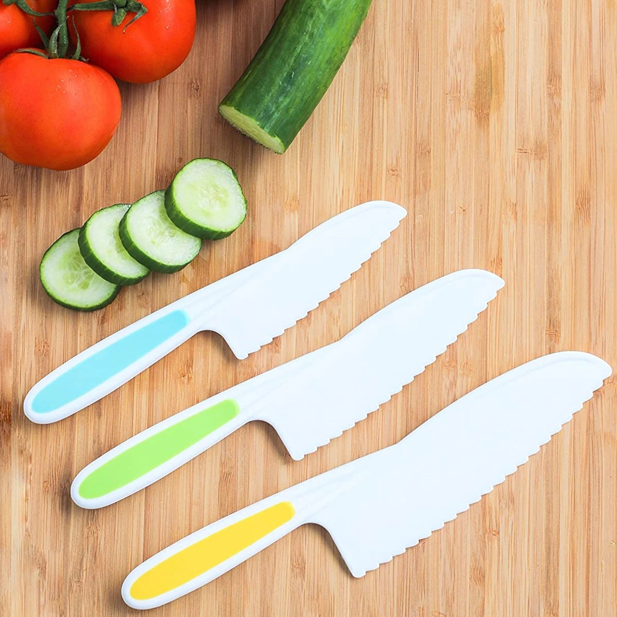 Couteaux de cuisine pour enfants, couteaux de cuisine pour enfants en 3  tailles et couleurs/prise ferme, bords dentelés pour légumes, fruits 