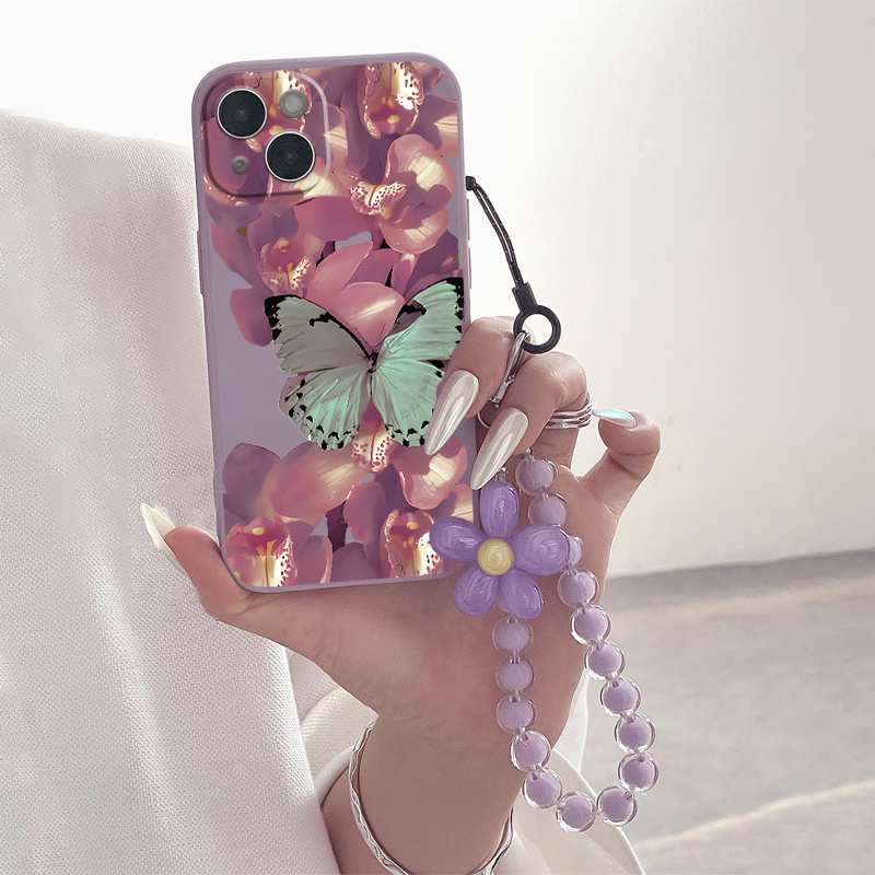

Butterflies & Flowers Print Phone Case With Beaded Lanyard For Iphone 14 13 12 11 Xs Xr X 8 7 6s Plus Pro Max Mini Se 2022 2020