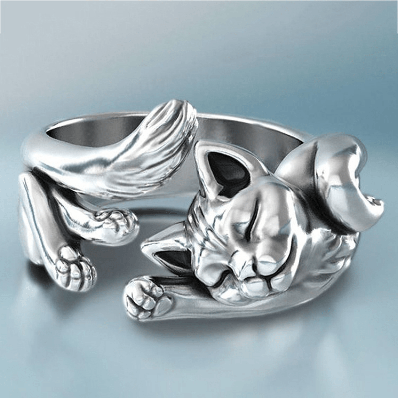 

Creative Cute Cozy Cat Design Silvery Alloy Ring, Men Women Casual Leisure Jewelry Gift