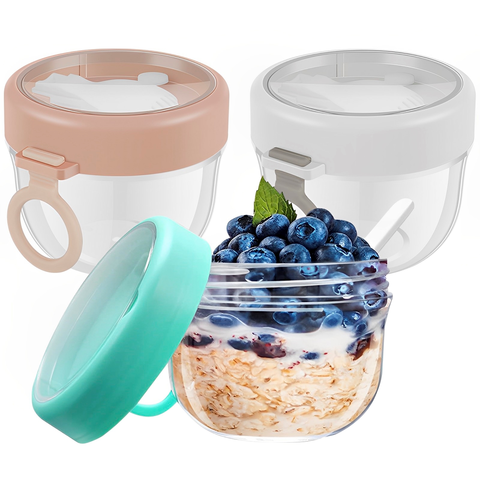 Overnight Oat Containers with Lids and Spoons,Portable Plastic Yogurt Jars 800ml,Leak-proof Dessert Cups for Yogurt Breakfast on The Go Cups, Oatmeal