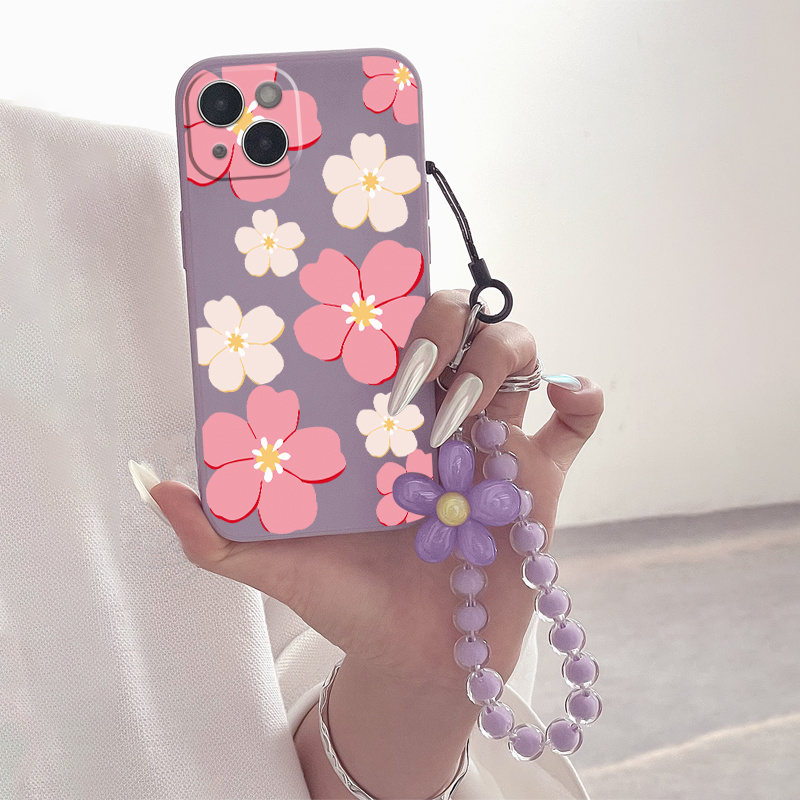 

Gorgeous Flower Pattern Phone Case With Beaded Lanyard Print - Silicone Anti-fall Protective Case For Iphone 14/13/12/11/xs/xr/x/7/8/6s/mini/plus/pro/max/se - Perfect