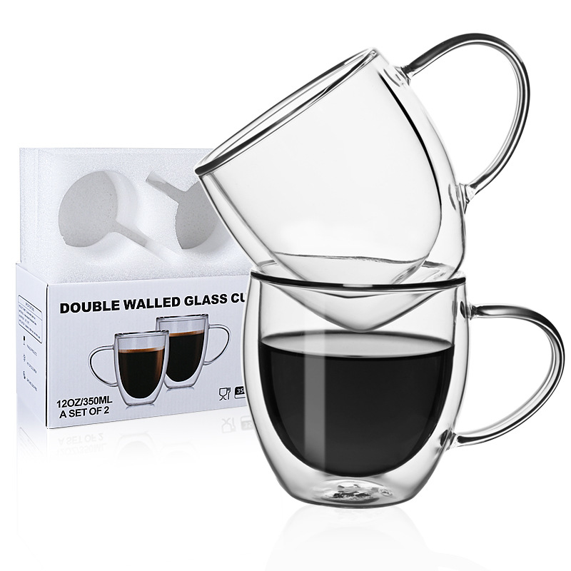 2pcs Set Double Wall Glass Coffee Cup With Handle, Insulated Coffee Mug,  Borosilicate Glass Cup