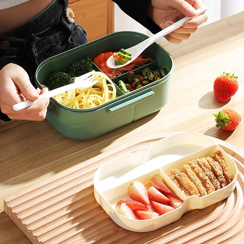 1pc Double Layer Lunch Box, Portable 2-Compartment Fruit Food Container,  Microwave Lunch Box With Spoon Fork, Home Kitchen Supplies For Teenagers And