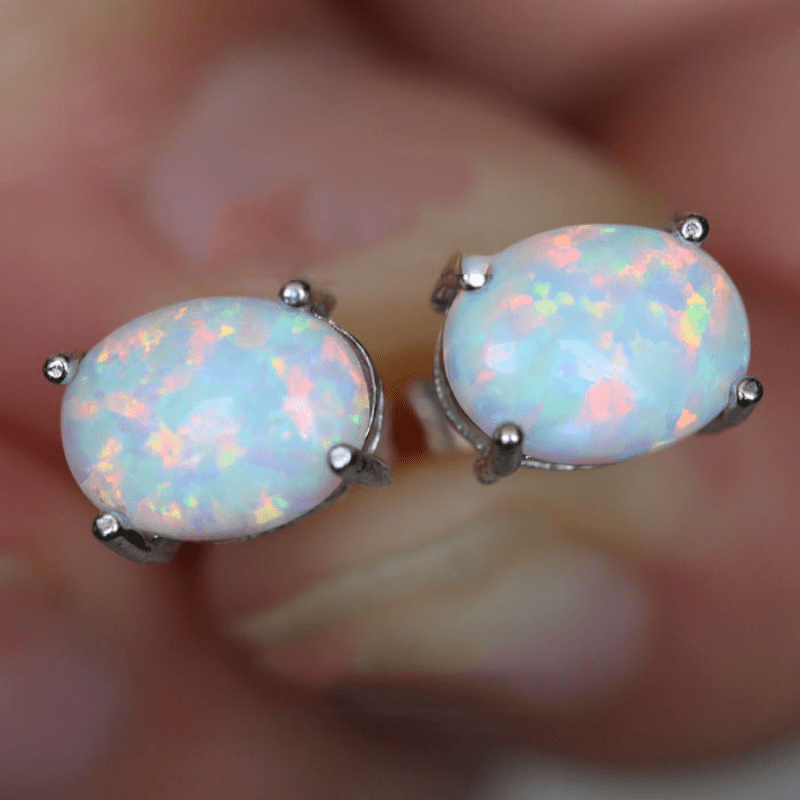 TEMU Minimalist Style Ellipse Opal Stud Earrings Copper Delicate Jewelry Trendy Exquisite Gift For Women