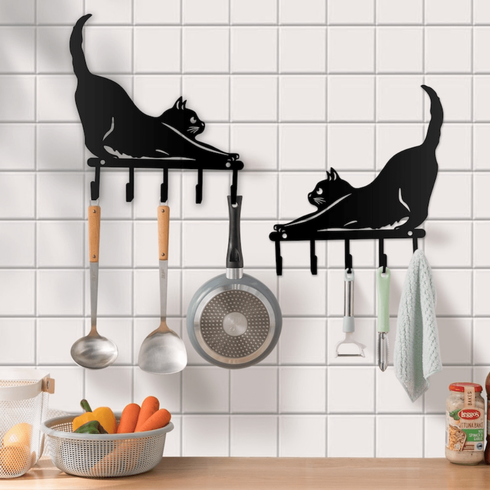 Maitys Perchas de metal para colgar sobre la puerta con diseño de gato  negro para colgar sobre la puerta, toallero, llavero, decoración de gato  negro