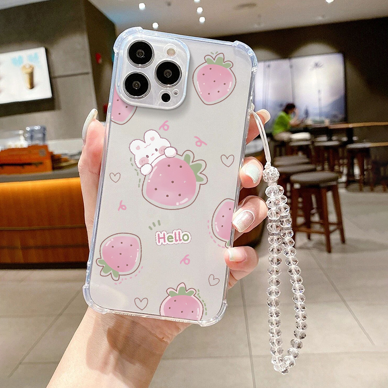 

Strawberry Rabbit Graphic Mobile Phone Case With Beaded Lanyard For Iphone 14 13 12 11 Xs Xr X 8 7 6s Plus Pro Max Mini Se
