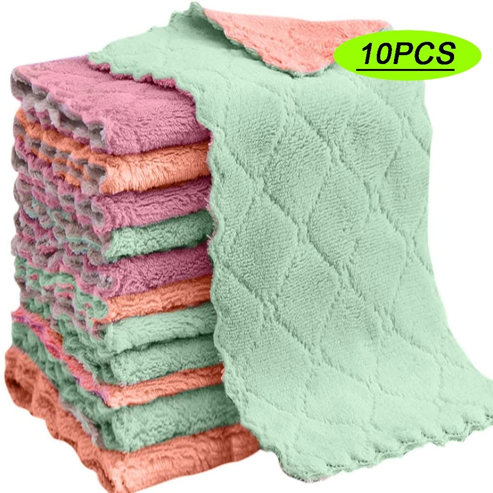 5/10Pcs/Set Thickened Double-layer Absorbent Microfiber Kitchen Dish Clothes  Non-stick Oil Household Cleaning Clothes Wiping Towel Home Kitchen Tool  With Random Color