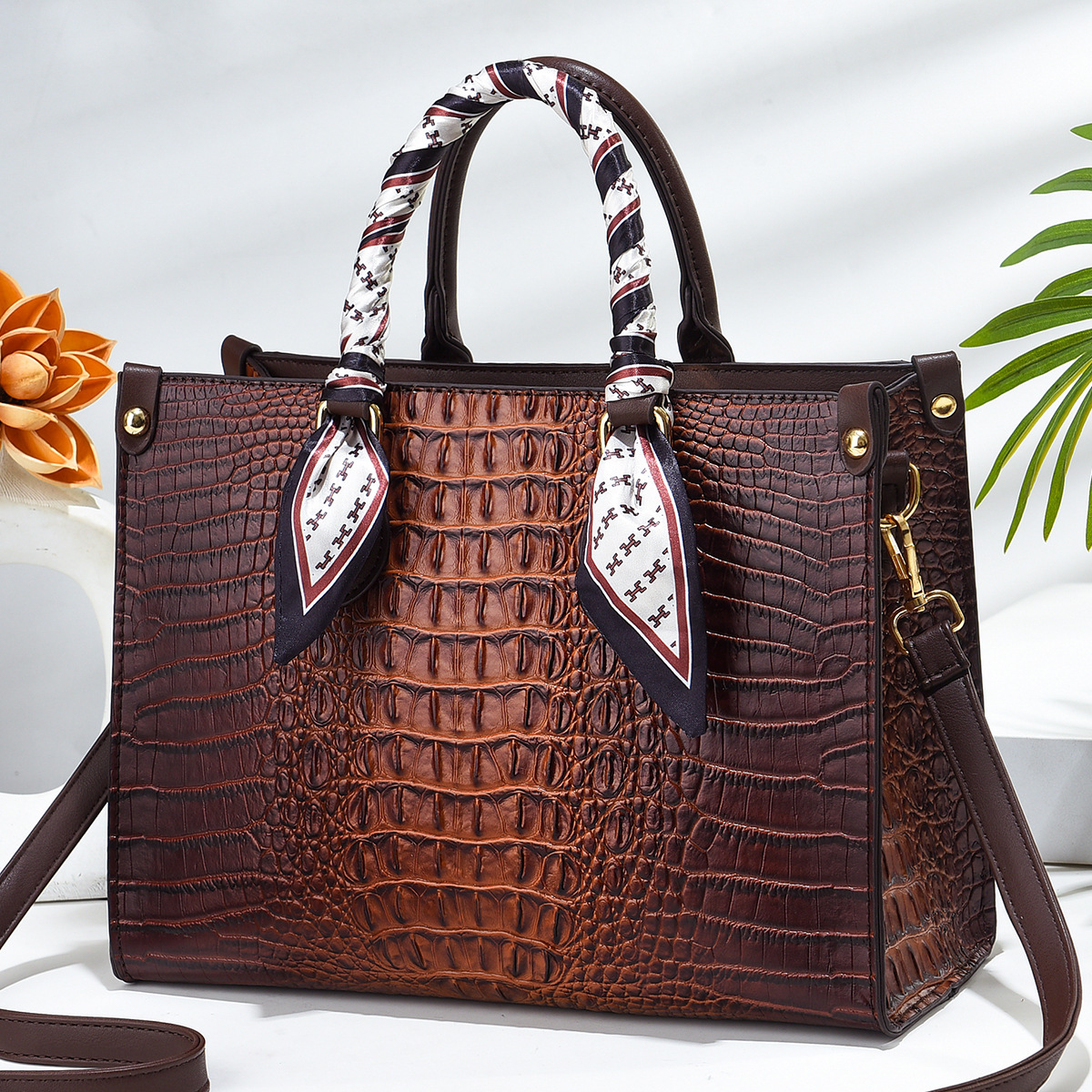 Elegant Crocodile Embossed Tote Bag, Large Capacity Satchel Bag