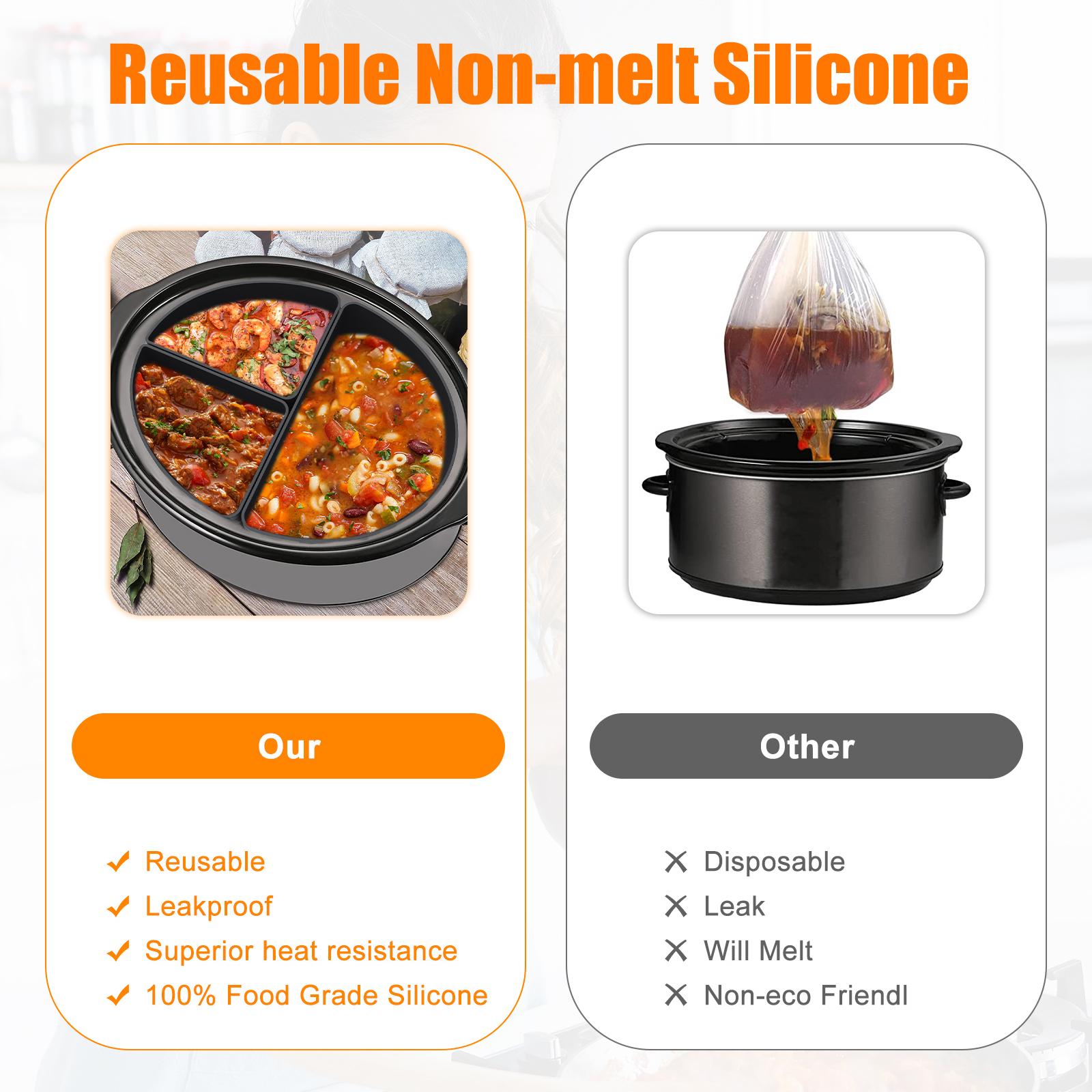 6 Qt Crockpot Silicone Cooker Divider Liner Reusable & Leakproof