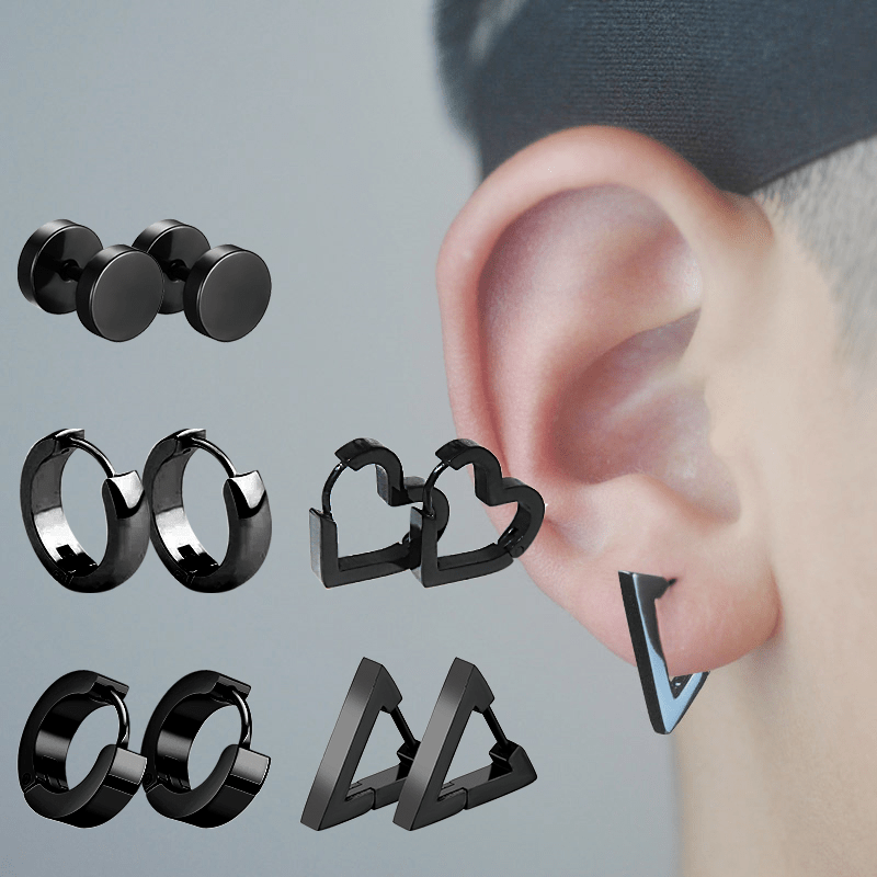 

5pairs Men's Black Stud Earrings Set Stainless Steel Huggie Ear Piercing, Heart & Triangle Shapes For Unisex