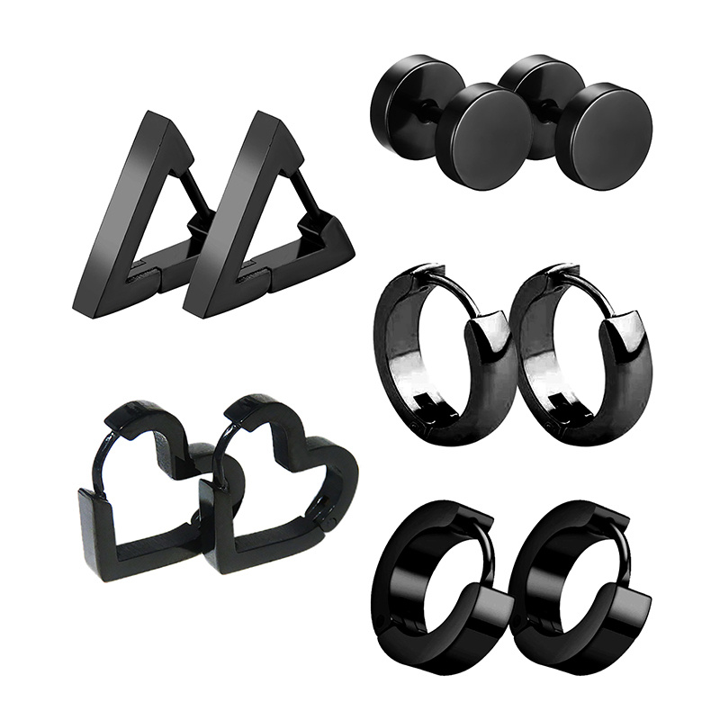 Men's Black Stud Earrings Set Stainless Steel Huggie Ear - Temu