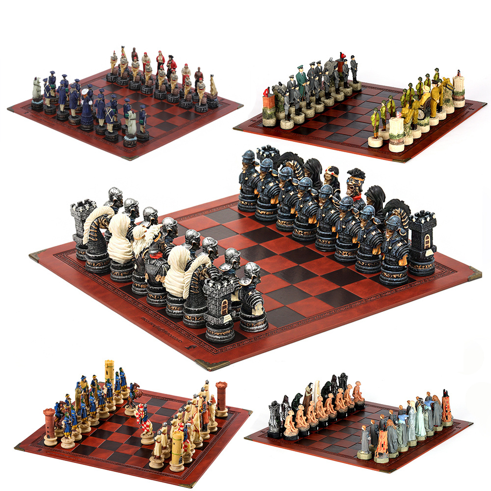 Antique Chess Large Chess Pieces Artificial Leather Chessboard Resin Chess  Pieces Character Modeling Gift Entertainment Game Box - Temu