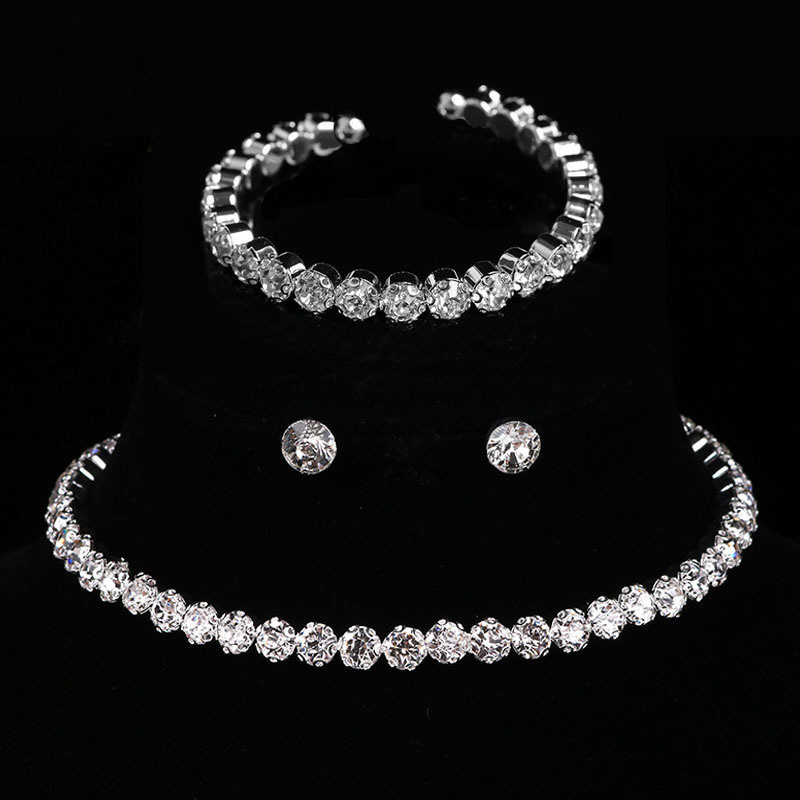 

Luxury Glitter Crystal Zircon Necklace & Stud Earrings & Bangle Bridal Jewelry Set, Shiny Rhinestone Statement Bridesmaid Bridal Jewelry