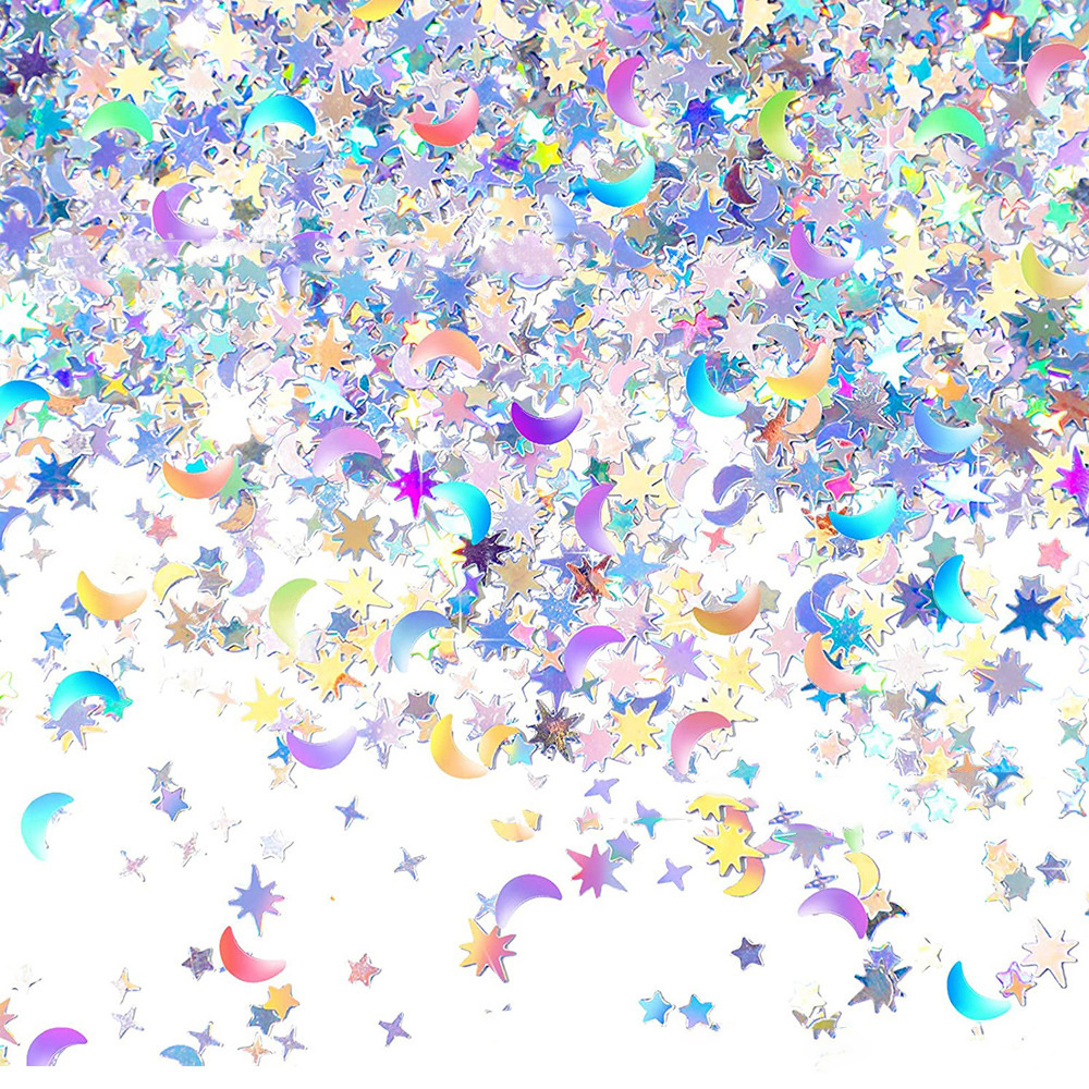 GotGala Holographic Star And Moon Eid Confetti Golden Iridescent Metallic Glitter Foil Sequin Table Confetti For Wedding Birthday Hal