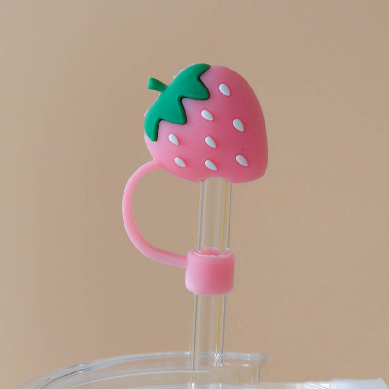Strawberry modelling suction dust cap, cartoon silicone straw, straw hat  drink straw, repeated use glass straw cover, dustproof plug, pink, 1 PCS