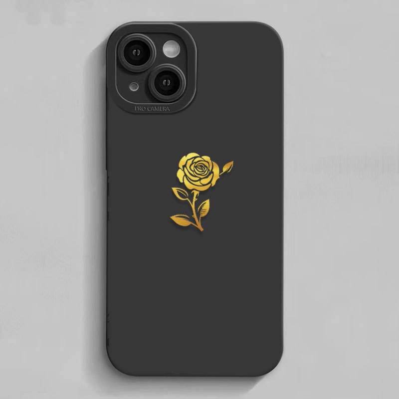 Silicone Phone Case Golden Rose Graphic Pattern Black Base - Temu