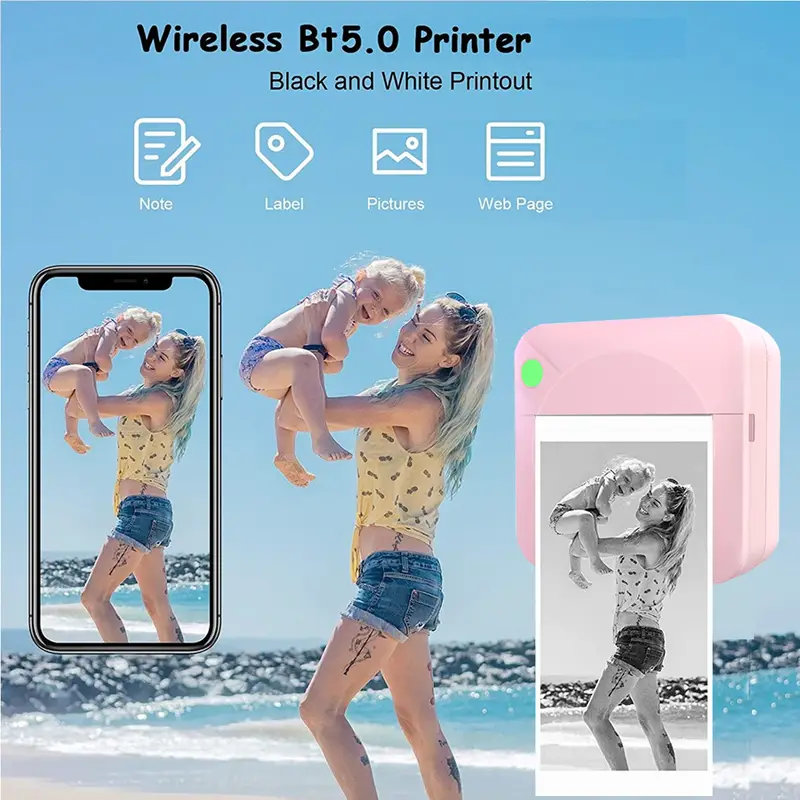 mini printer portable wireless bt thermal photo for ios android mobile phone inkless printing gift study notes label receipt details 0