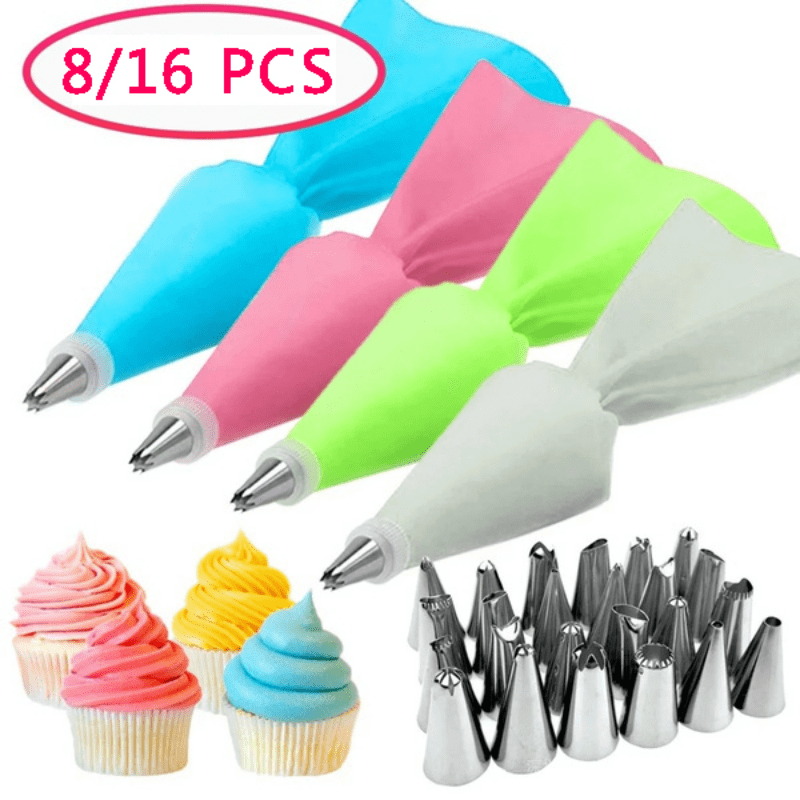 

8pcs/16pcs, Pipping Bags And Tips Set, Including Reusable Silicone Pastry Bag, Stainless Steel Pastry Tips Set And Coupler, Baking Tools, Kitchen Gadgets, Kitchen Accessories, Home Kitchen Items