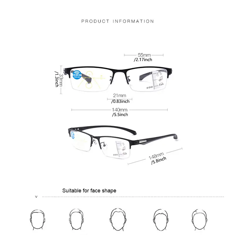 tr90 titanium multifocal reading glasses photochromic progressive bifocal anti blue ray uv protection presbyopic glasses for men and women details 2