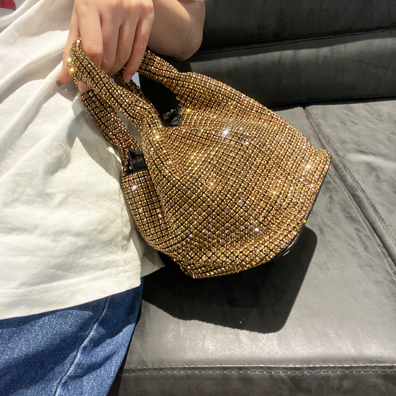 Women's Rhinestone Mesh Bucket Hand Bag