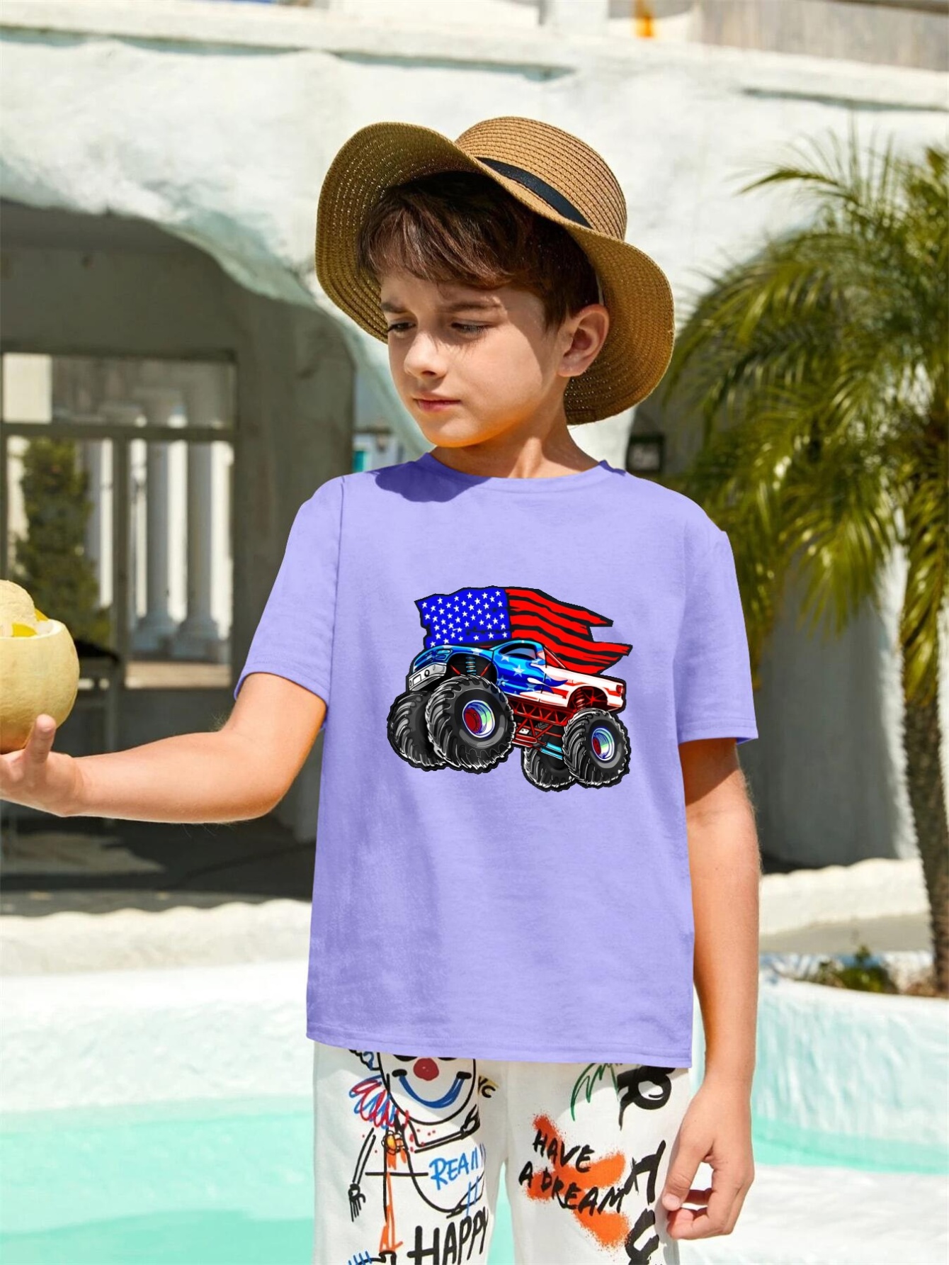 Off Road Vehicle And The American Flag Graphic Cotton T Shirt For