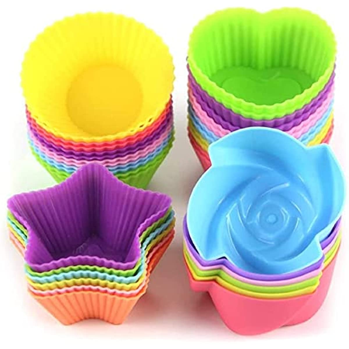 

24pcs, Colorful Silicone Muffin Cups - Non-stick Reusable Cupcake Liners In Round, Star, Heart, And Flower Shapes - Perfect For Baking And Decorating - Kitchen Gadgets And Accessories