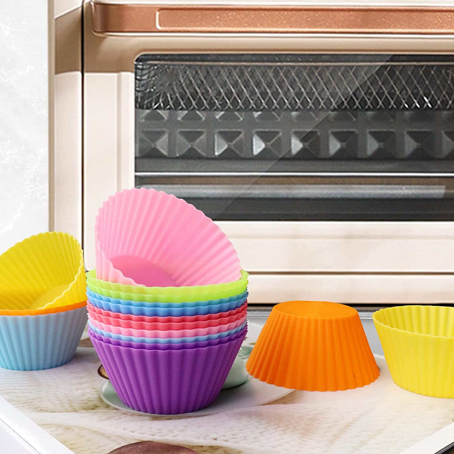 24 Pcs Silicone Cups Baking Molds, Silicone Cupcake Baking Cups Reusable  Non-stick Muffin Liners for Baking, 4 Shapes (A)