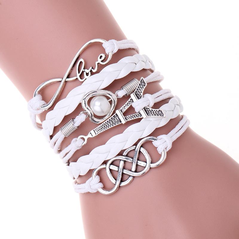 E-shop Stilvolle mehrschichtige geflochtene Schnürbund-Armbanduhr mit Perlen- und Eiffelturm-Verzierungen - Boho-Stil, Legierung, für lässige Kleidung