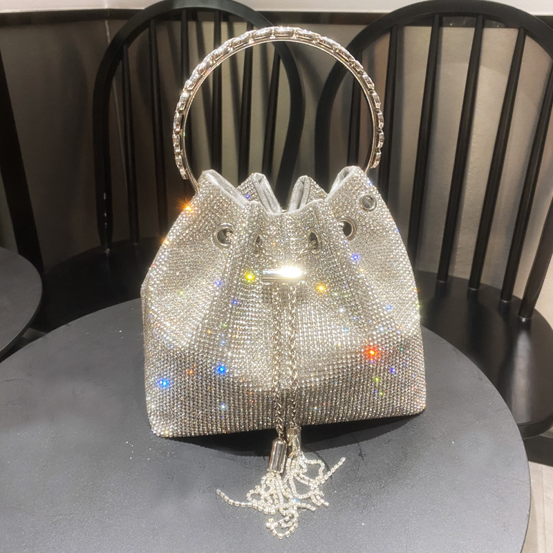 Luxury Diamond rhinestone crystal bucket bag, Bling Bling shoulder Mesh  wedding