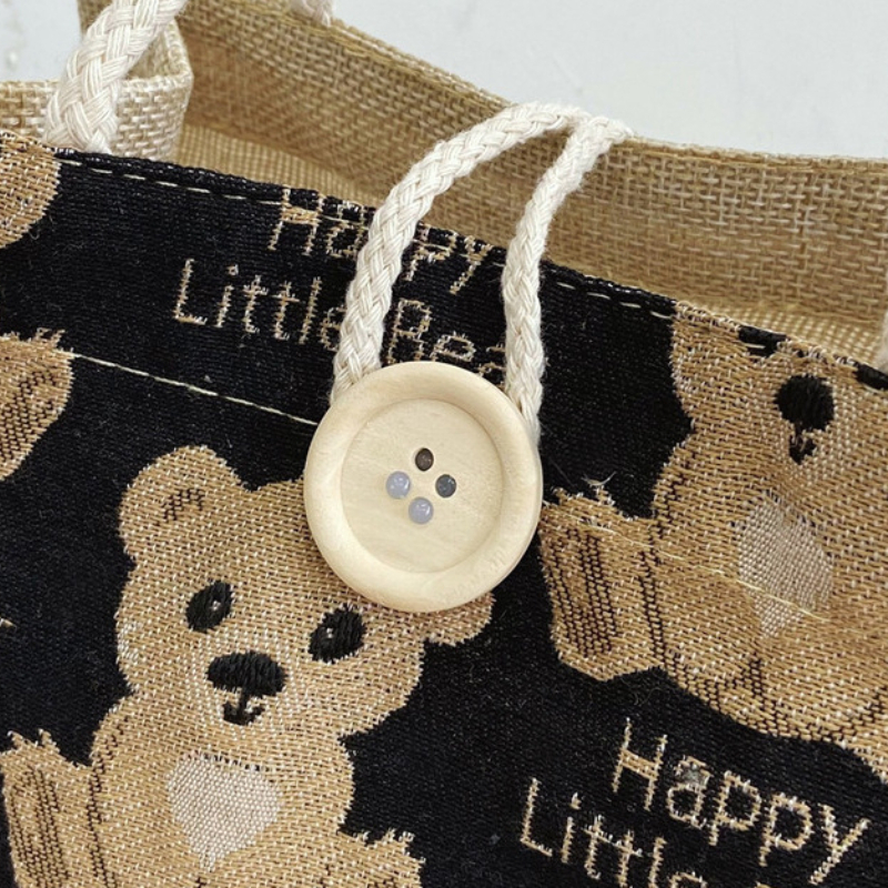 Mini Square Bag Cartoon Bear Decor Letter Graphic Cute Linen Tote Bag,  Cartoon Hand-Carrying Snack Bag, Bear Print Handbag