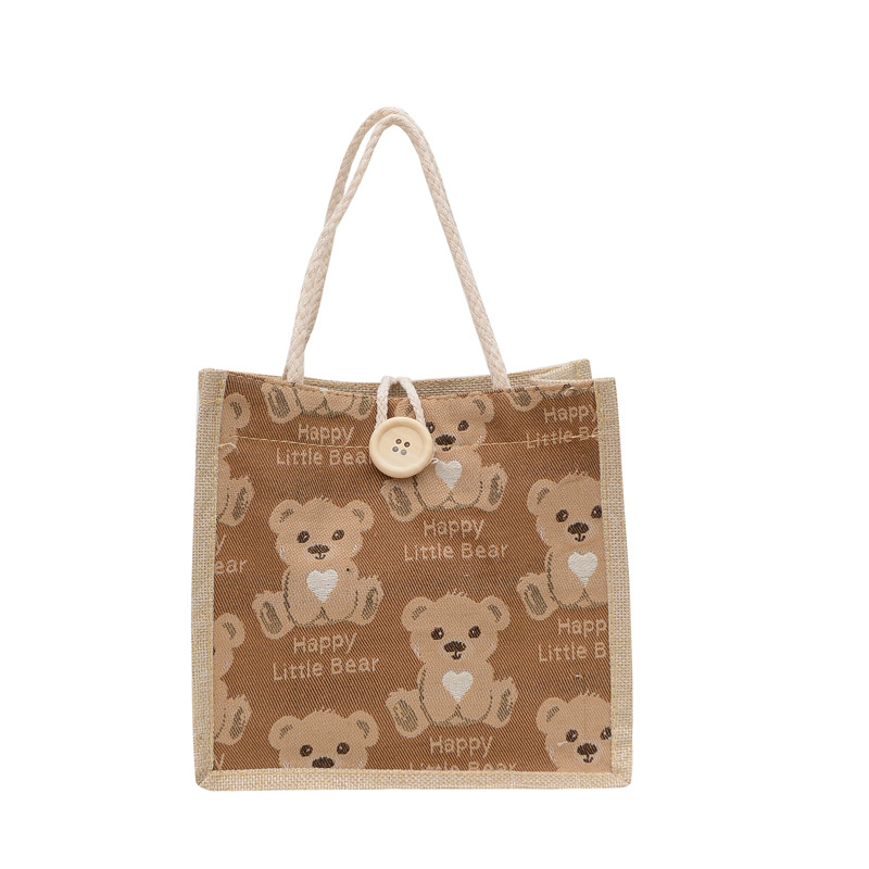 Mini Square Bag Cartoon Bear Decor Letter Graphic Cute Linen Tote Bag,  Cartoon Hand-Carrying Snack Bag, Bear Print Handbag