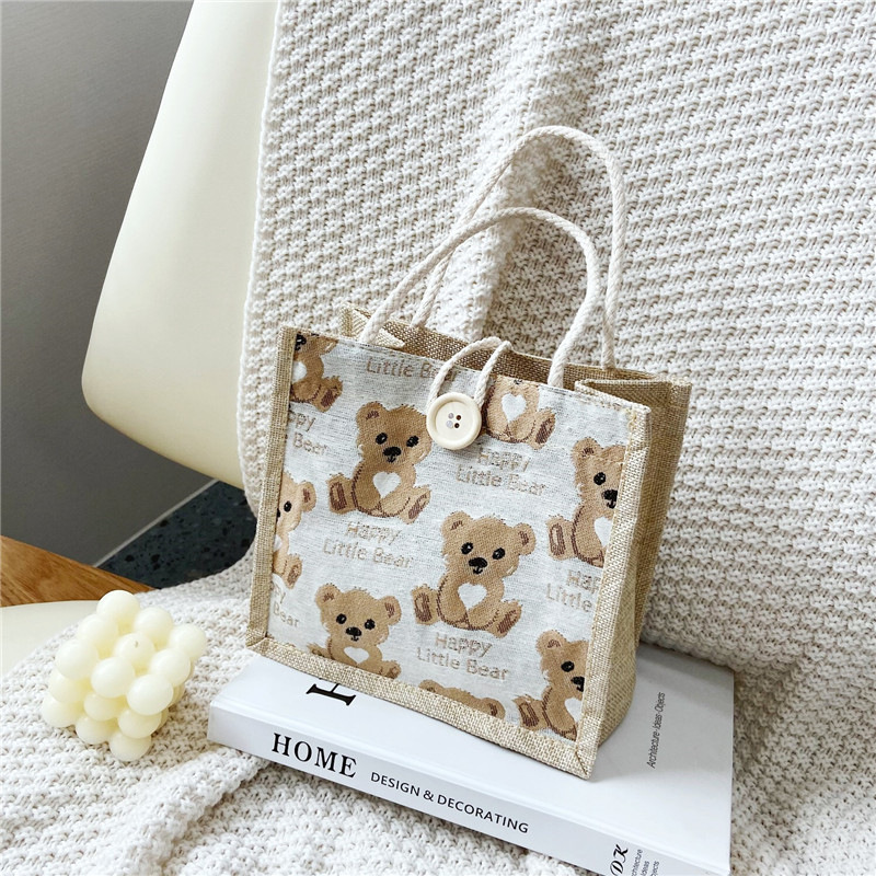 Mini Square Bag Cartoon Bear Decor Letter Graphic Cute Linen Tote Bag,  Cartoon Hand-Carrying Snack Bag, Bear Print Handbag