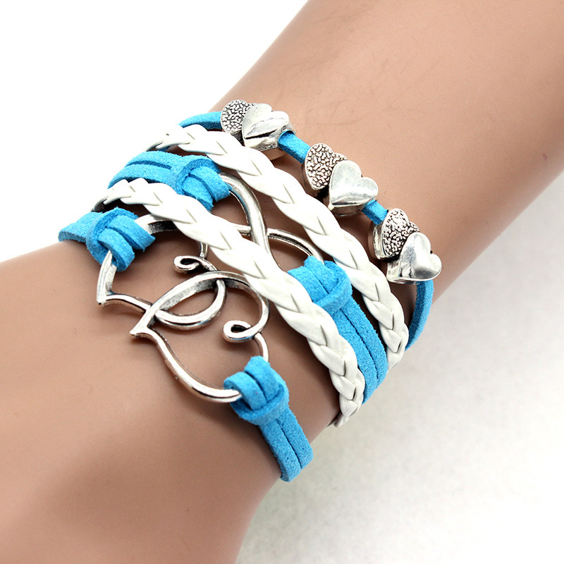 Creative Leather Rope Bracelet Double-Heart Number 8 Design Boho Bangle Alloy Silver Plated Jewelry, Jewels Female Creative Gift,Temu