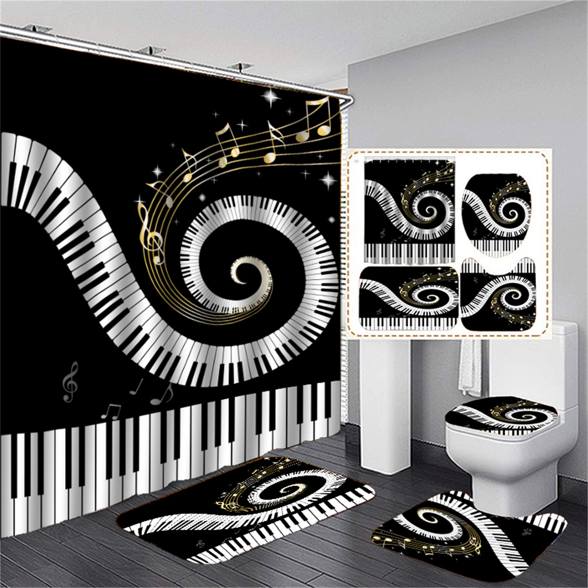 Black White Piano Block Music Art Fabric Shower Curtain Set - Temu