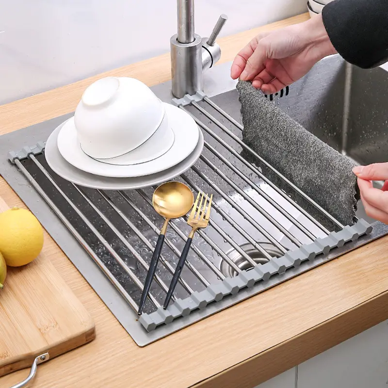 Roll Up Dish Drying Rack, Over The Sink Dish Drying Rack, Kitchen Rolling  Dish Drainer, Foldable Sink Rack Mat, Stainless Steel Wire Dish Drying Rack,  Kitchen Accessories - Temu