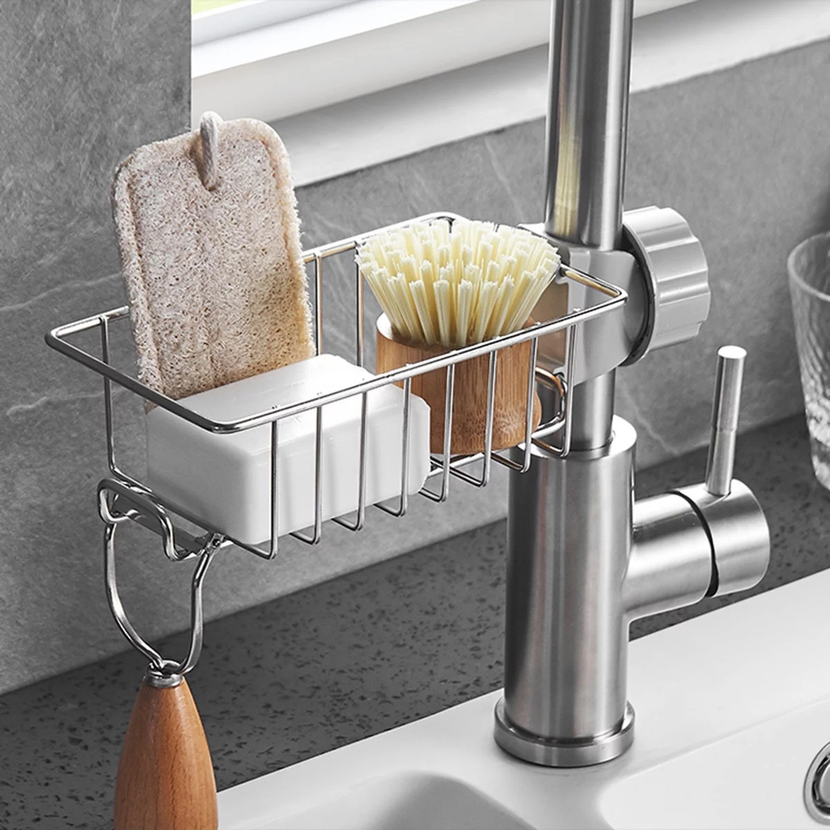 1pc Kitchen Sink Sponge Holder With Draining Rack Wall Mounted