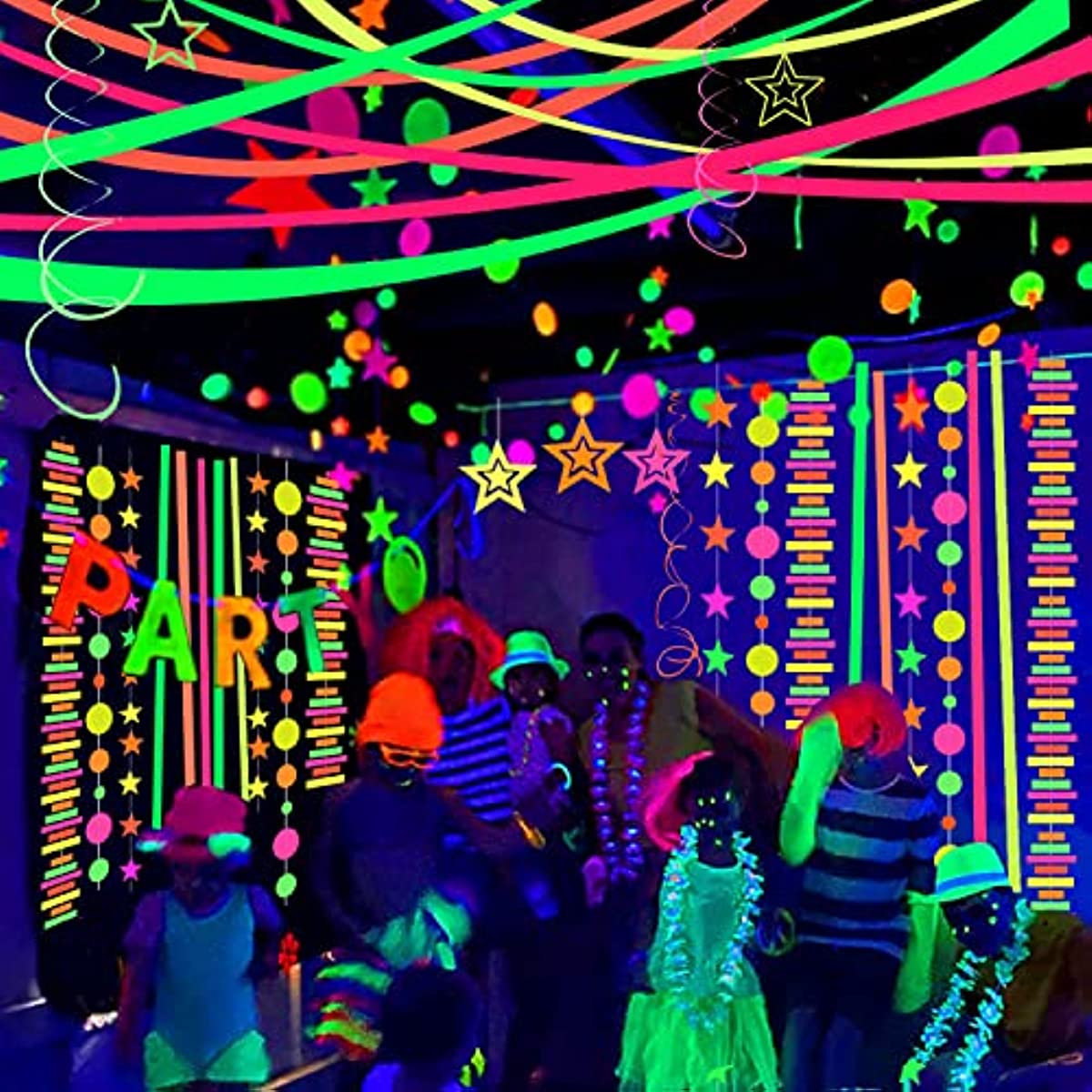 110feet Neon Paper Garland Neon Streamers Hollowed Star Black Light Neon  Decorations Glow Party UV Reactive Neon Party Favors Glow in The Dark Party